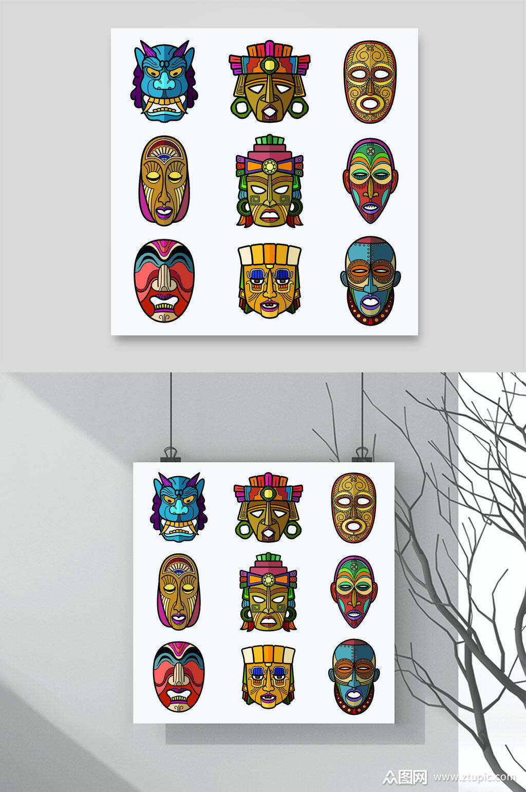 线条手绘非洲面具图腾矢量素材素材