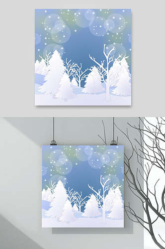 树木蓝色唯美冬天雪地插画矢量素材