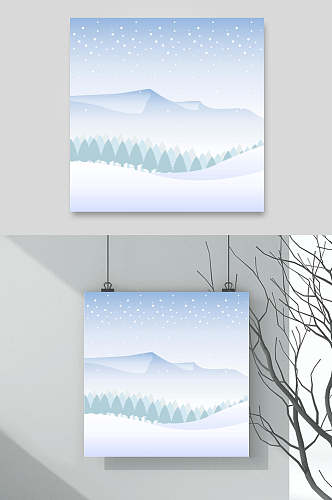 树木清新蓝色冬天雪地插画矢量素材