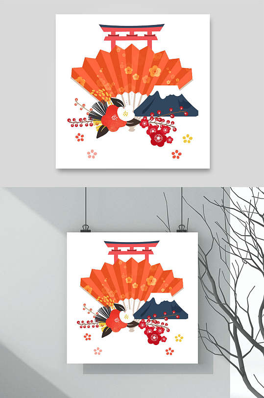 时尚扇子高端橙色日式和风插画素材