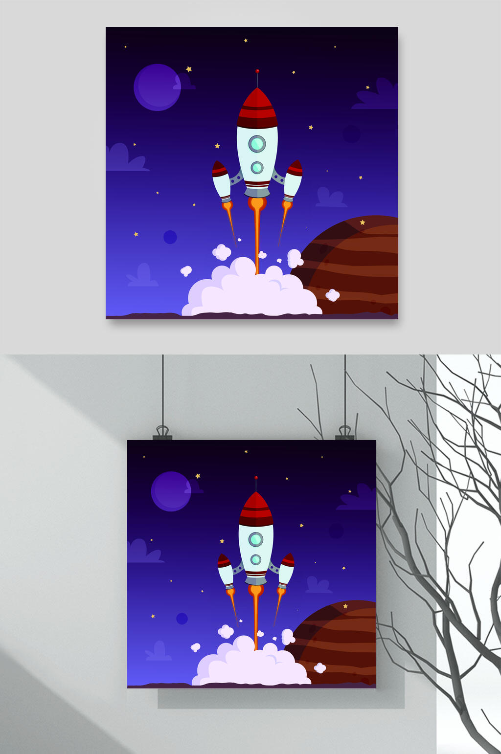 蓝褐高端清新卡通火箭插画矢量素材素材