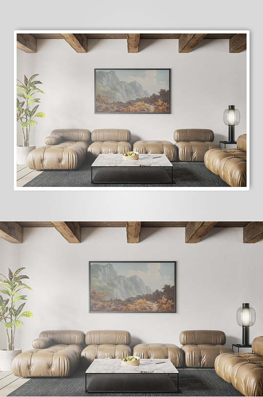 沙发茶几叶子壁画棕装饰画样机