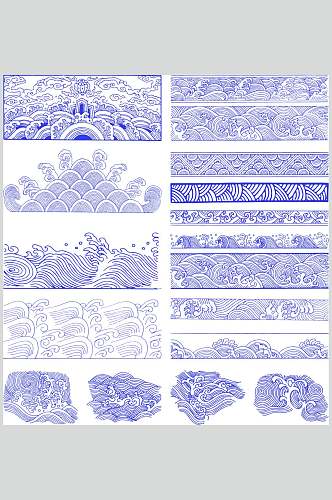 线条蓝清新中国风海浪水纹矢量素材