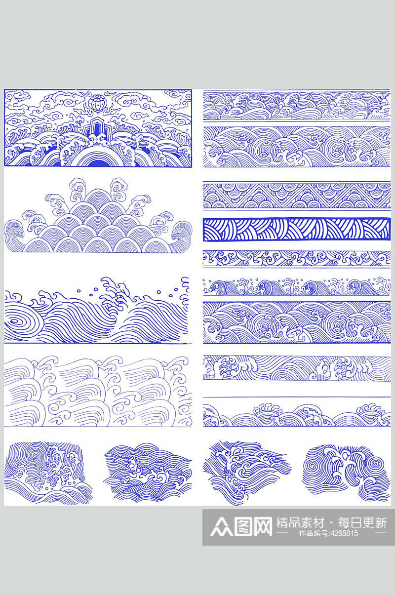 线条蓝清新中国风海浪水纹矢量素材素材