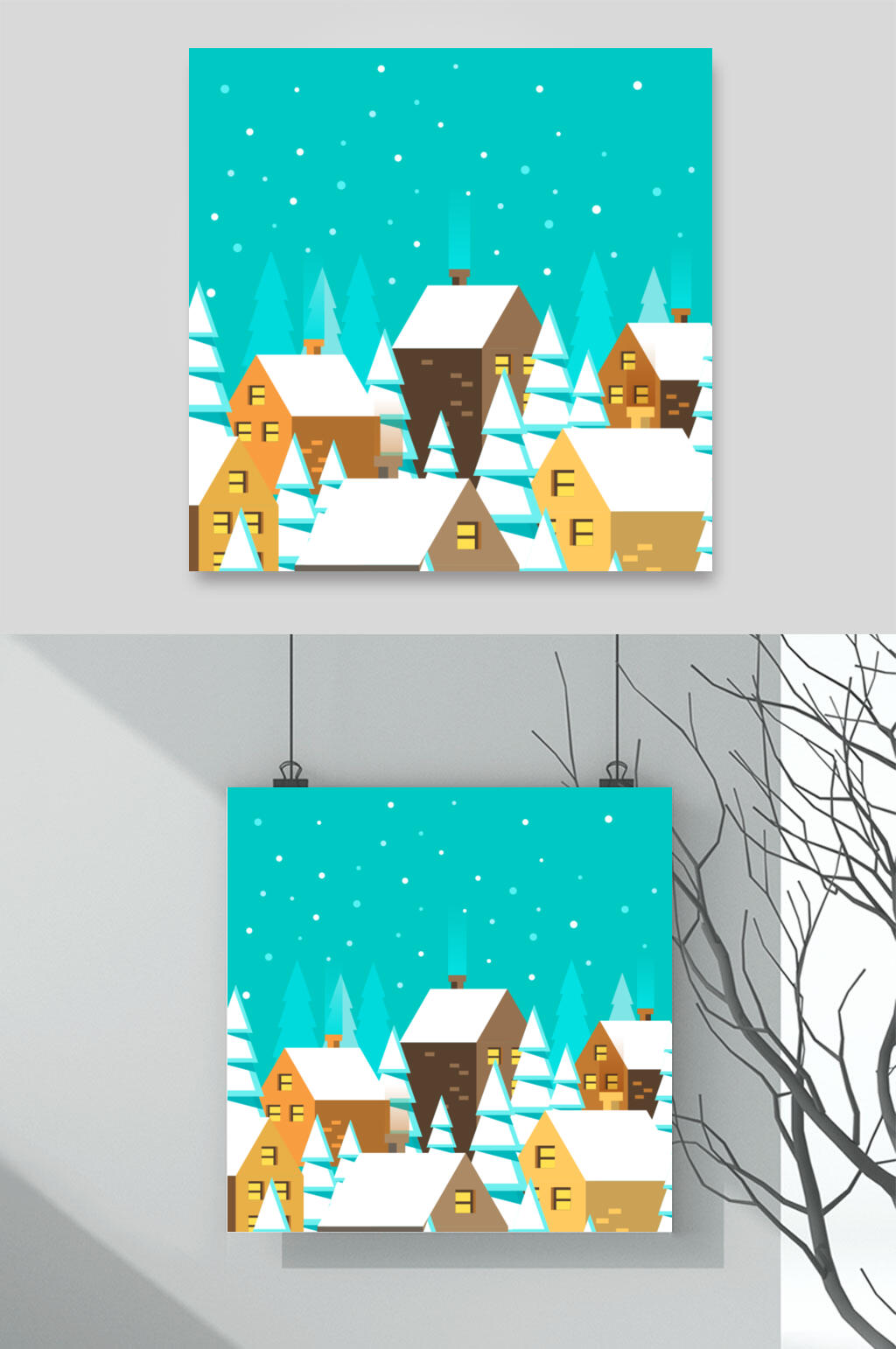 房子绿黄清新冬天雪地插画矢量素材素材