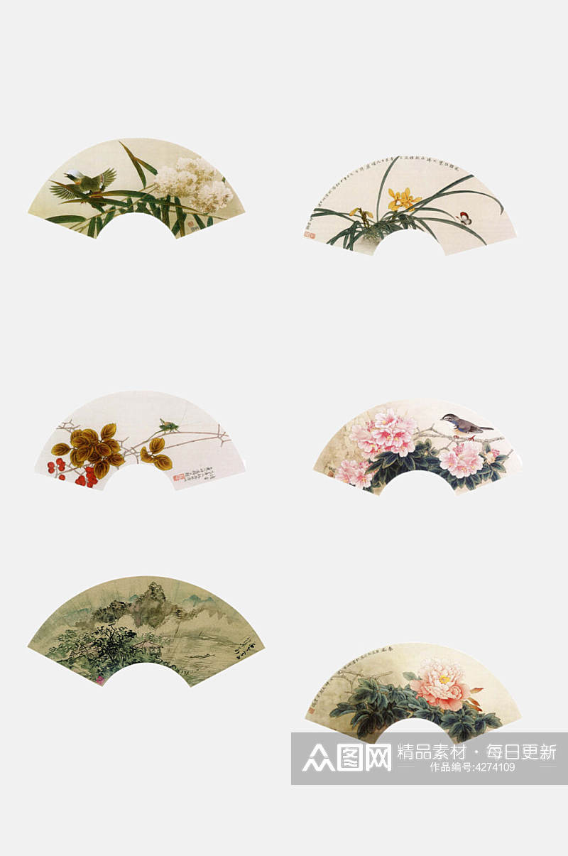 中式水墨画中国风扇面图案免抠素材素材