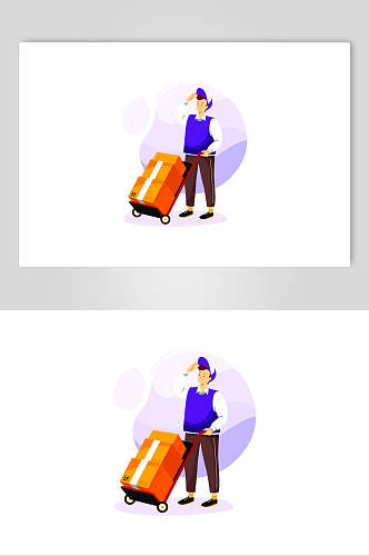 行李黄紫高端创意快递人物矢量素材