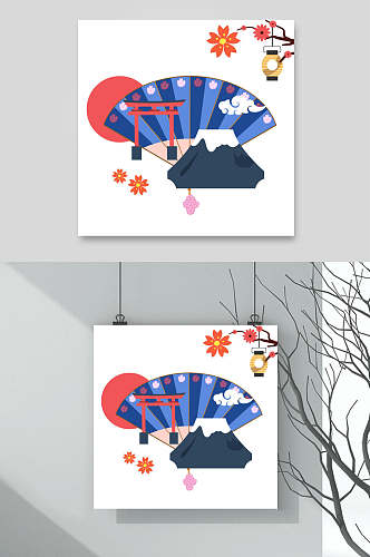 时尚花朵蓝红清新日式和风插画素材