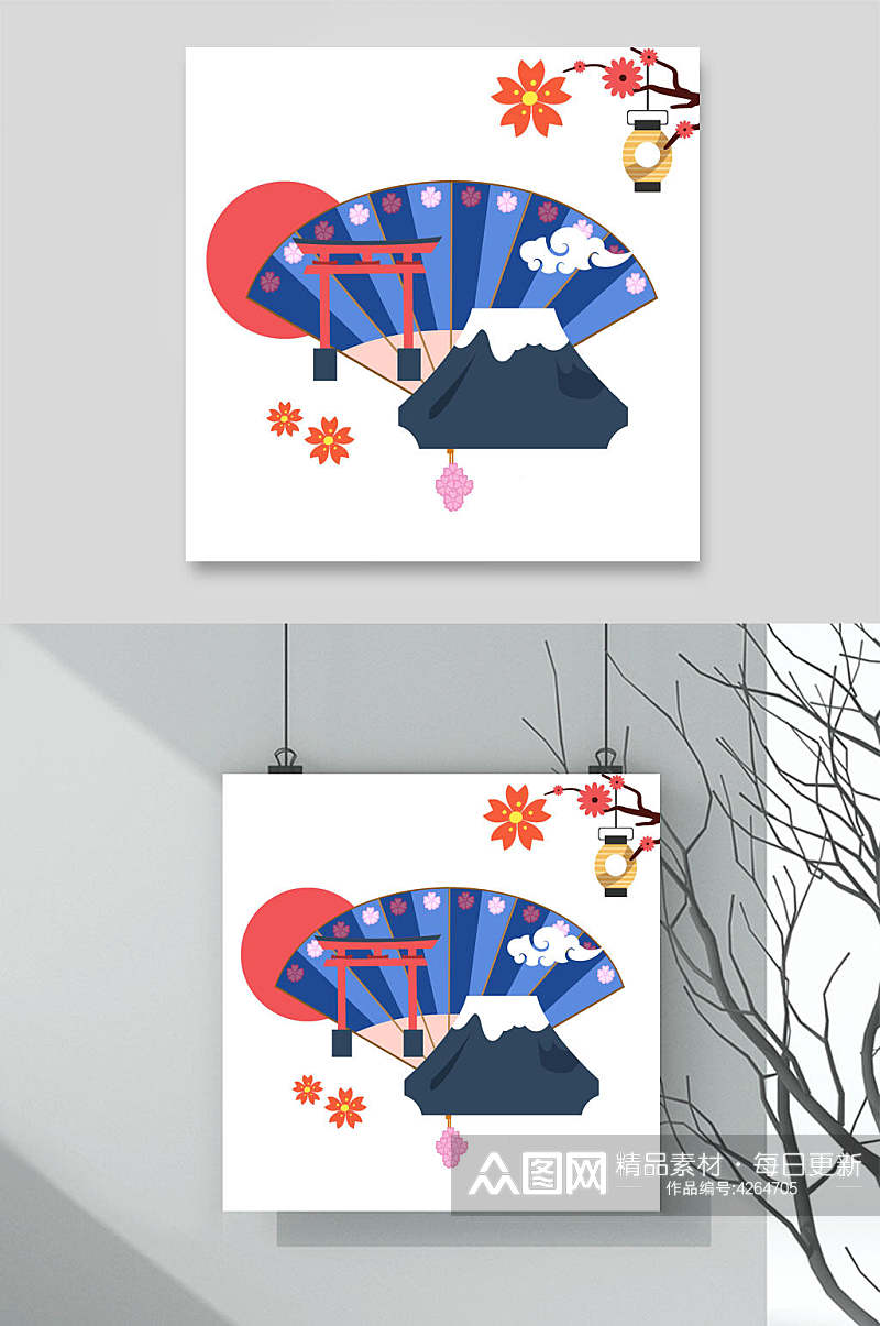 时尚花朵蓝红清新日式和风插画素材素材