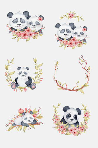 创意花圈水彩熊猫花卉免抠素材