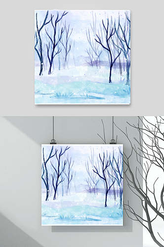 树木蓝色简约冬天雪地插画矢量素材