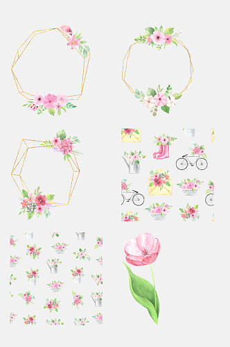 典雅自行车清新手绘花朵免抠素材