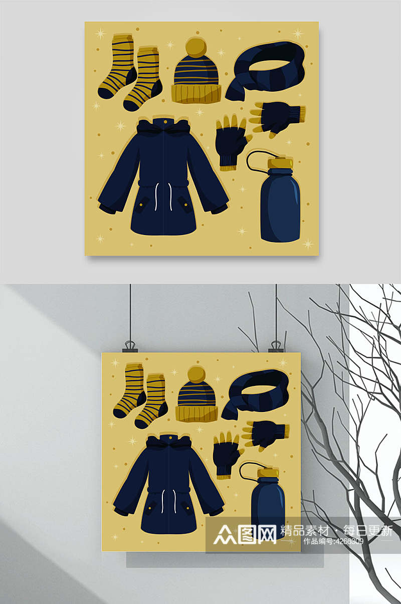时尚黑黄卡通保暖衣帽矢量插画素材素材