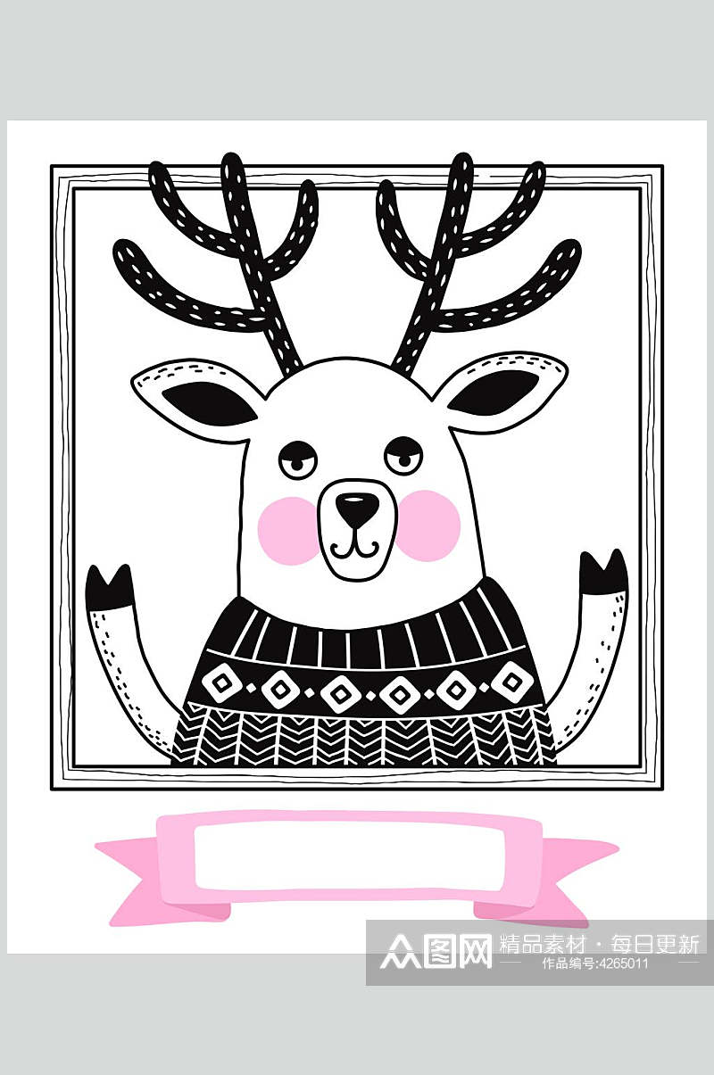 麋鹿黑粉北欧风卡通动物图案矢量素材素材