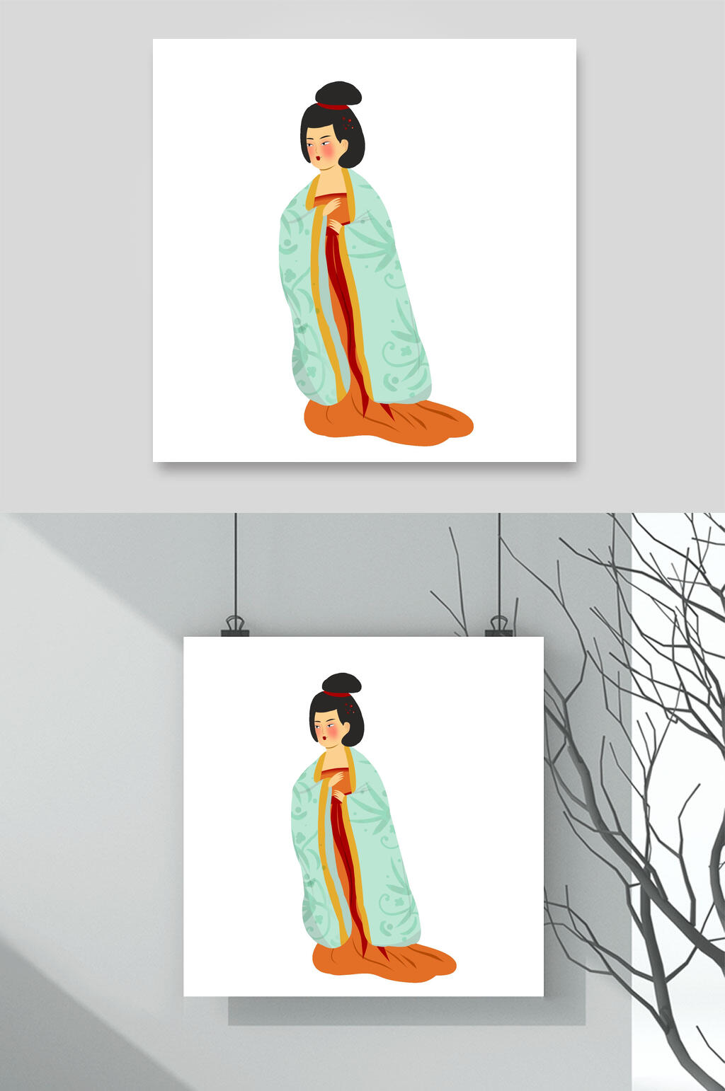 女衣服树枝灰卡通唐朝美人素材素材