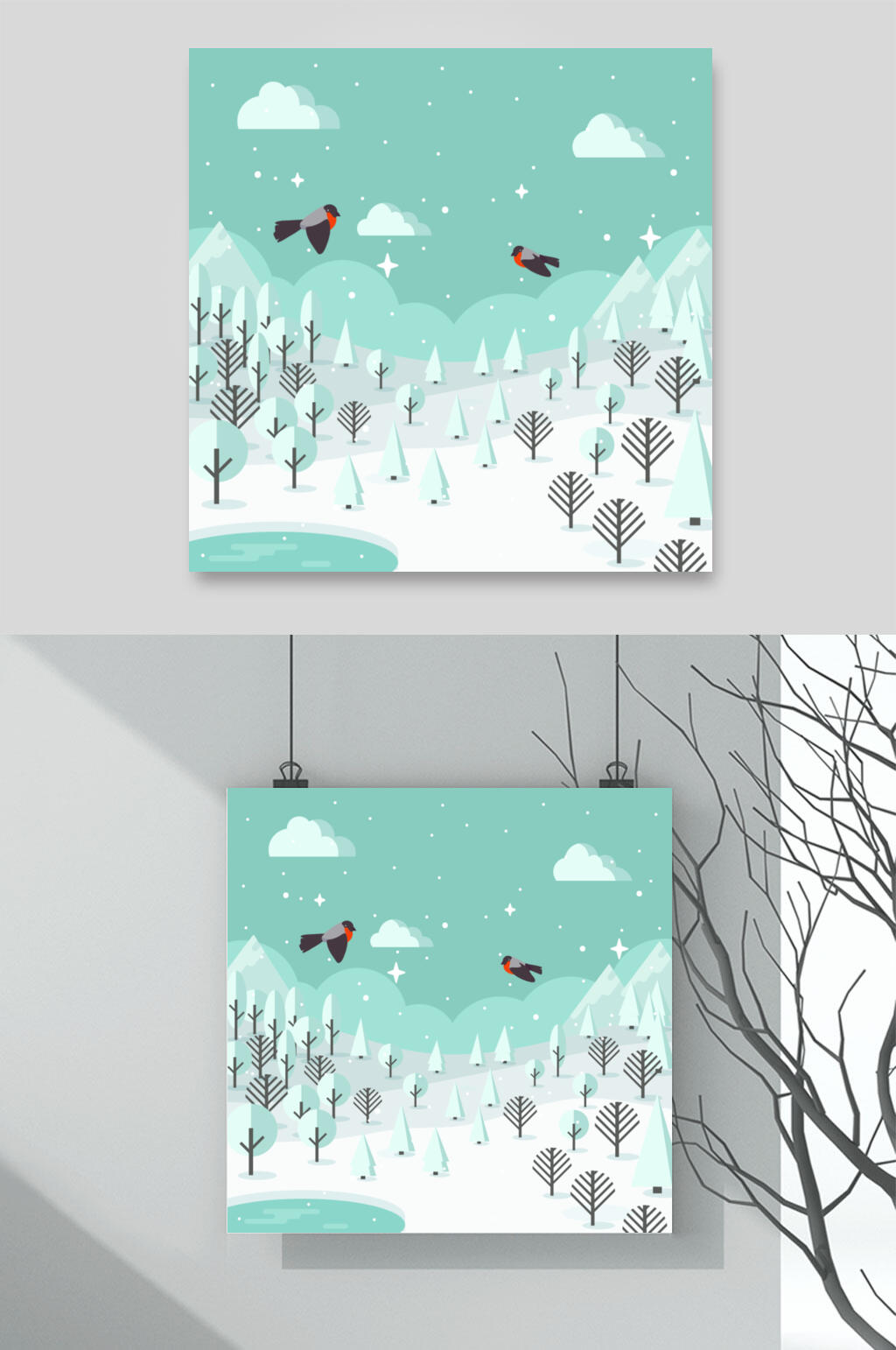 绿色雪地森林冬天雪地插画矢量素材素材