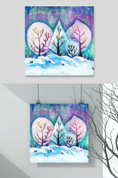 树木渐变手绘冬天雪地插画矢量素材