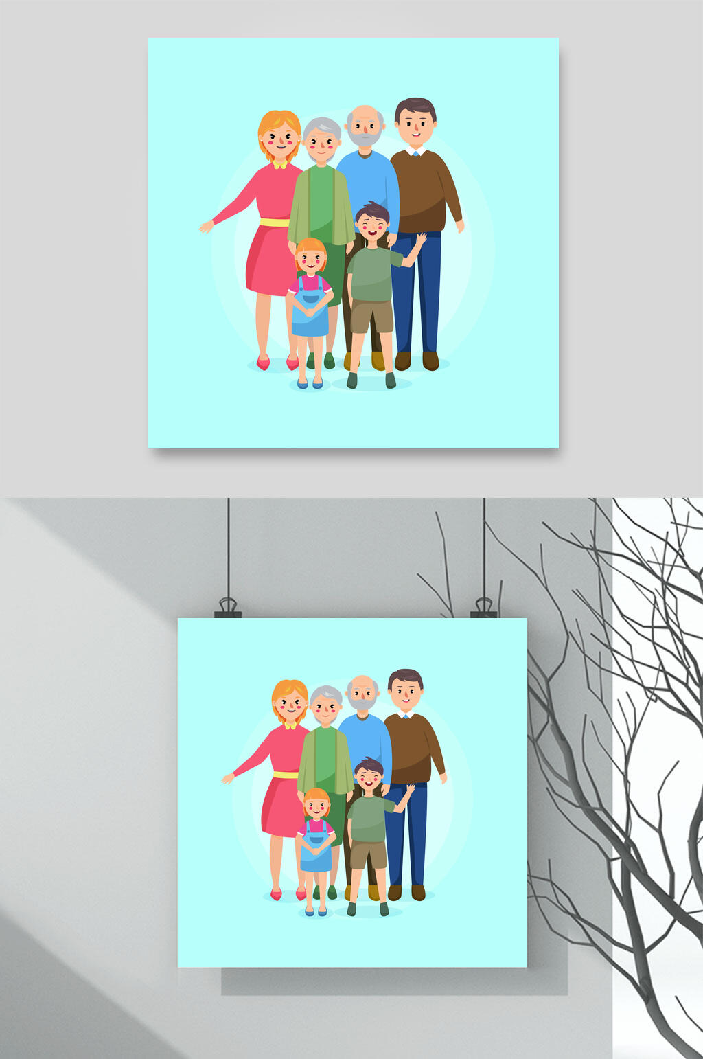 绿色清新亲子家庭扁平插画矢量素材素材