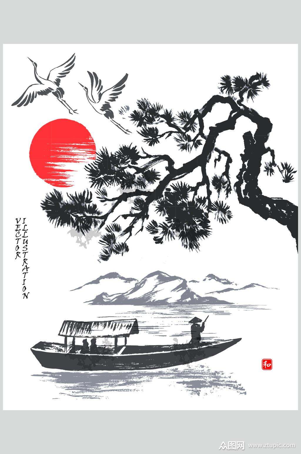 树木仙鹤小船中国水墨画矢量素材模板下载-编号4264197-众图网