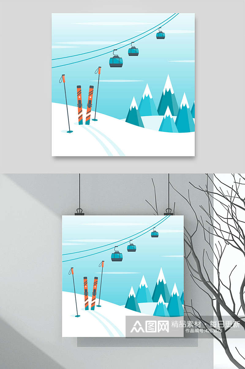 高端缆车冬天雪地插画矢量素材素材