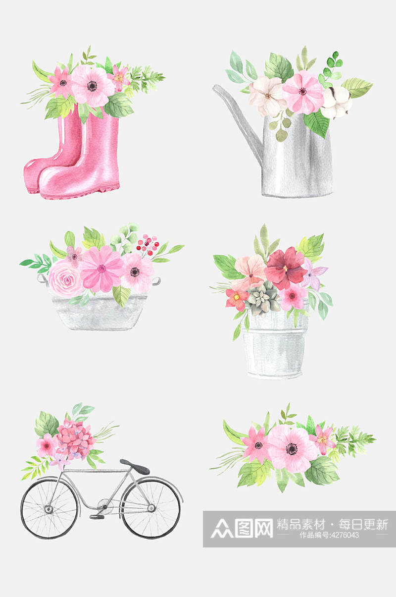 创意自行车清新手绘花朵免抠素材素材