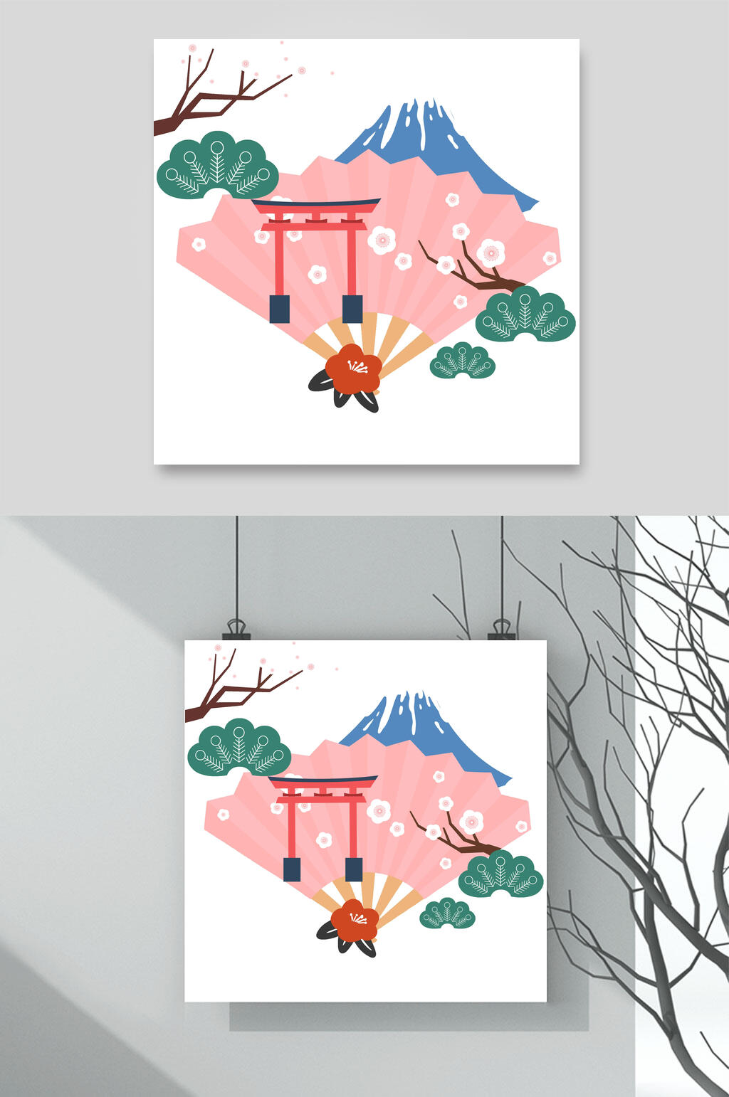 扇子树枝高端创意日式和风插画素材素材