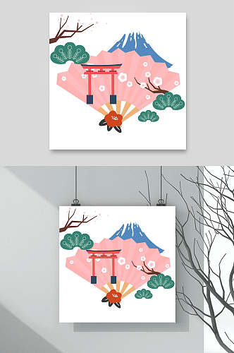 扇子树枝高端创意日式和风插画素材