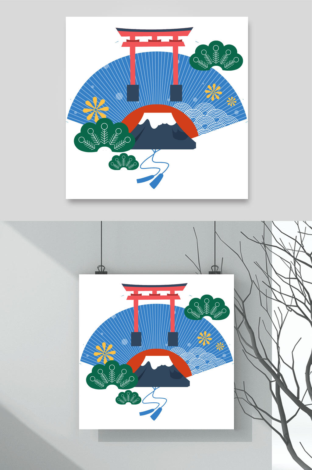 叶子扁平高端蓝色日式和风插画素材素材