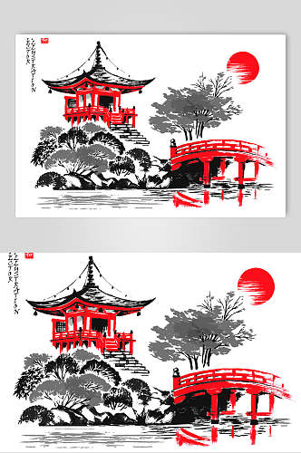 黑红树木高端中国水墨画矢量素材