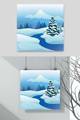 树木蓝色清新冬天雪地插画矢量素材