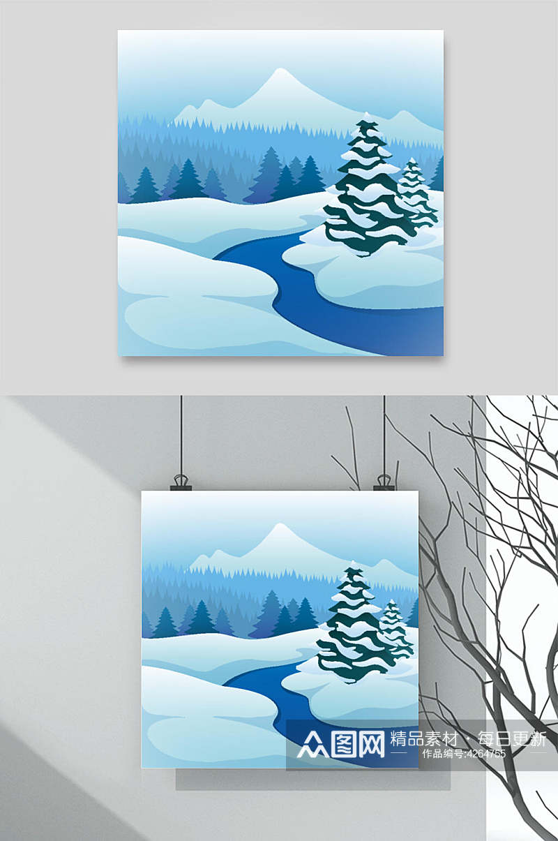 树木蓝色清新冬天雪地插画矢量素材素材