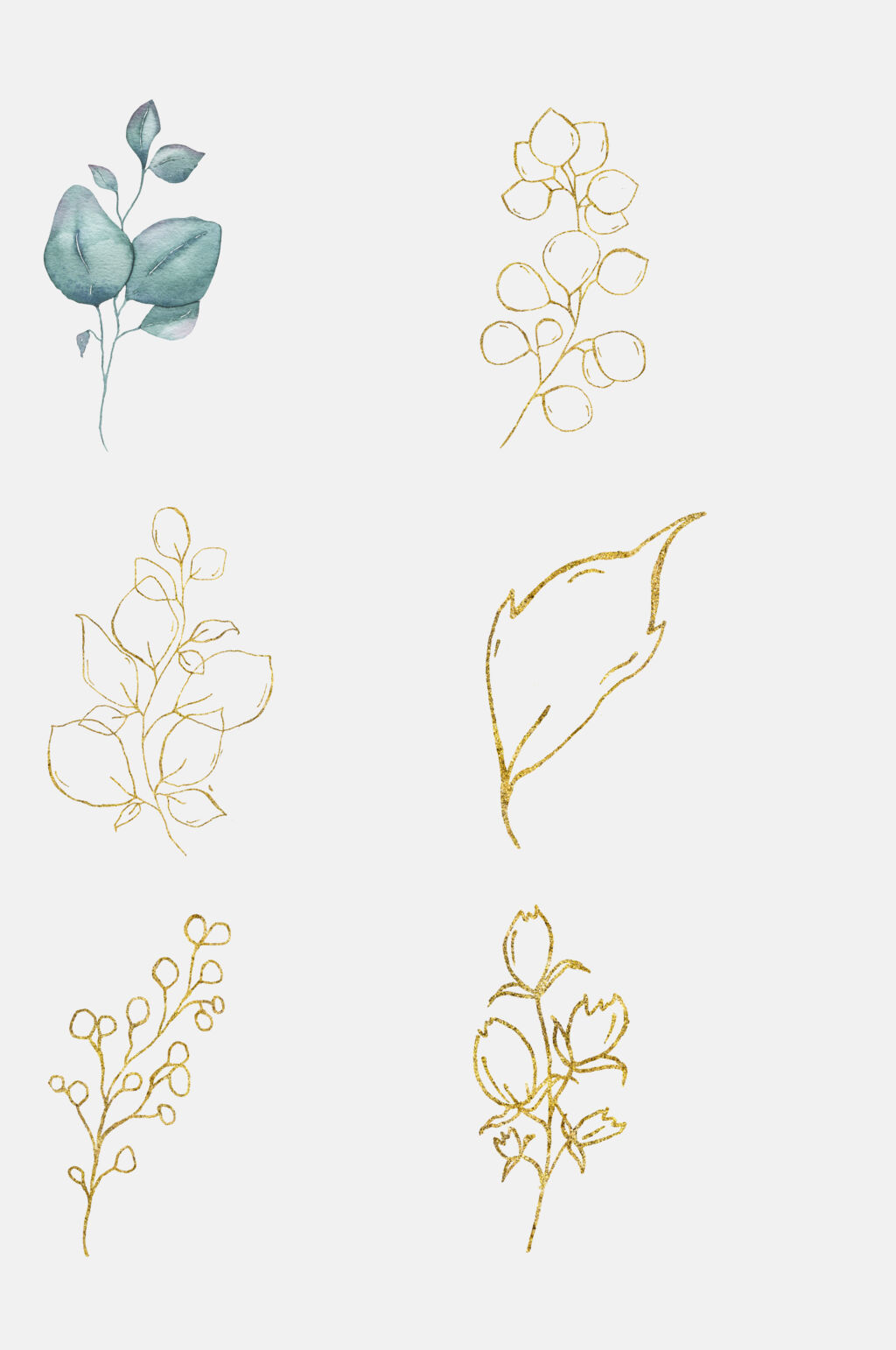 枝叶留白烫金花卉水彩免抠素材素材