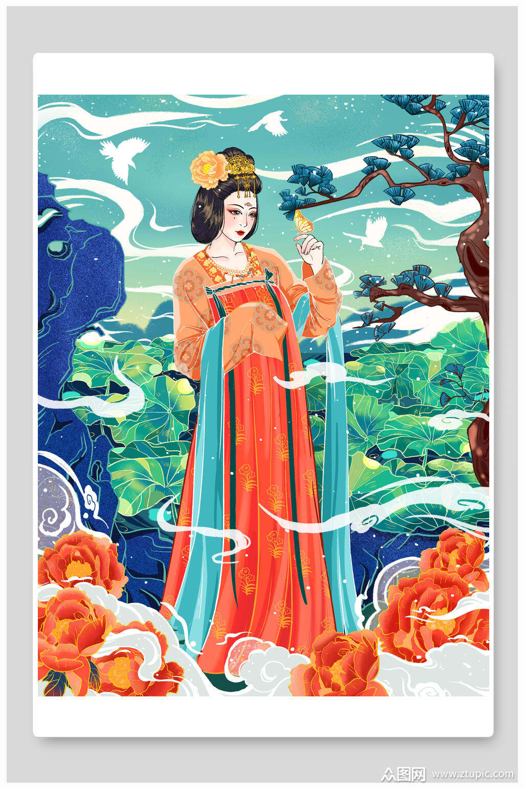 创意花朵卡通唐朝美人插画素材