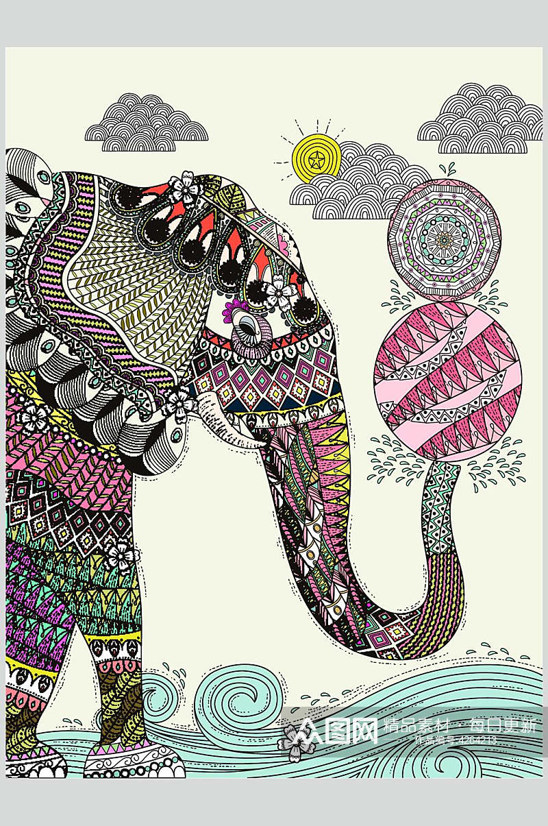 海浪大象北欧风卡通动物图案矢量素材素材