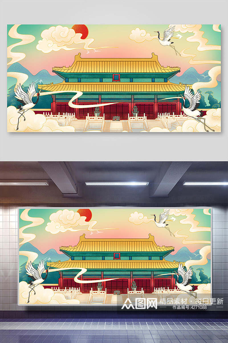 仙鹤精美国潮建筑插画素材