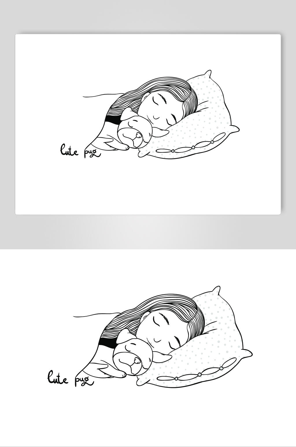 小女孩狗狗睡觉北欧风卡通动物图案矢量素材素材