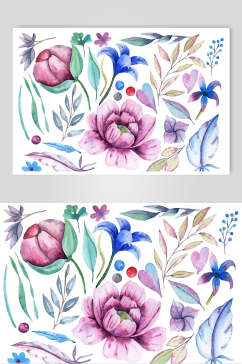 叶子手绘卡通蓝色水彩花卉素材