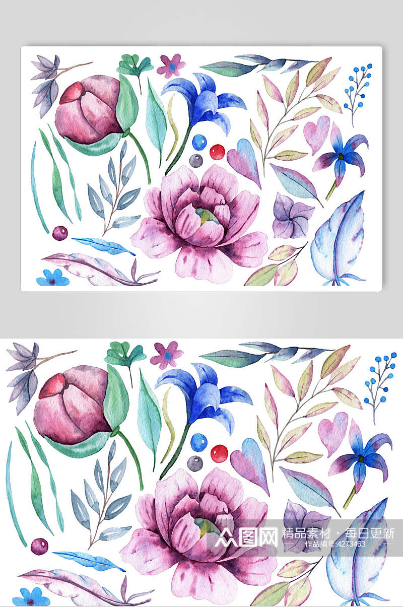 叶子手绘卡通蓝色水彩花卉素材素材