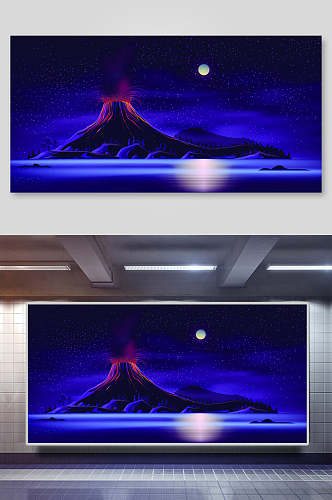 火山夜景蓝海滨霓虹灯矢量背景