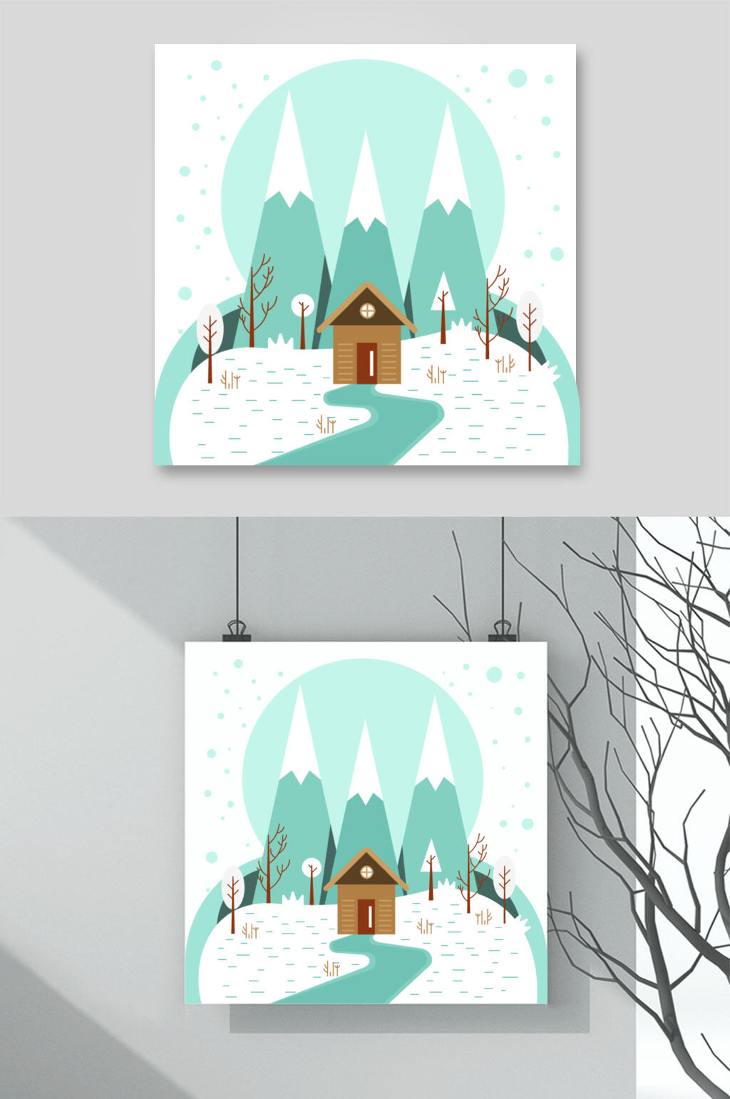 山峰绿白高端冬天雪地插画矢量素材素材