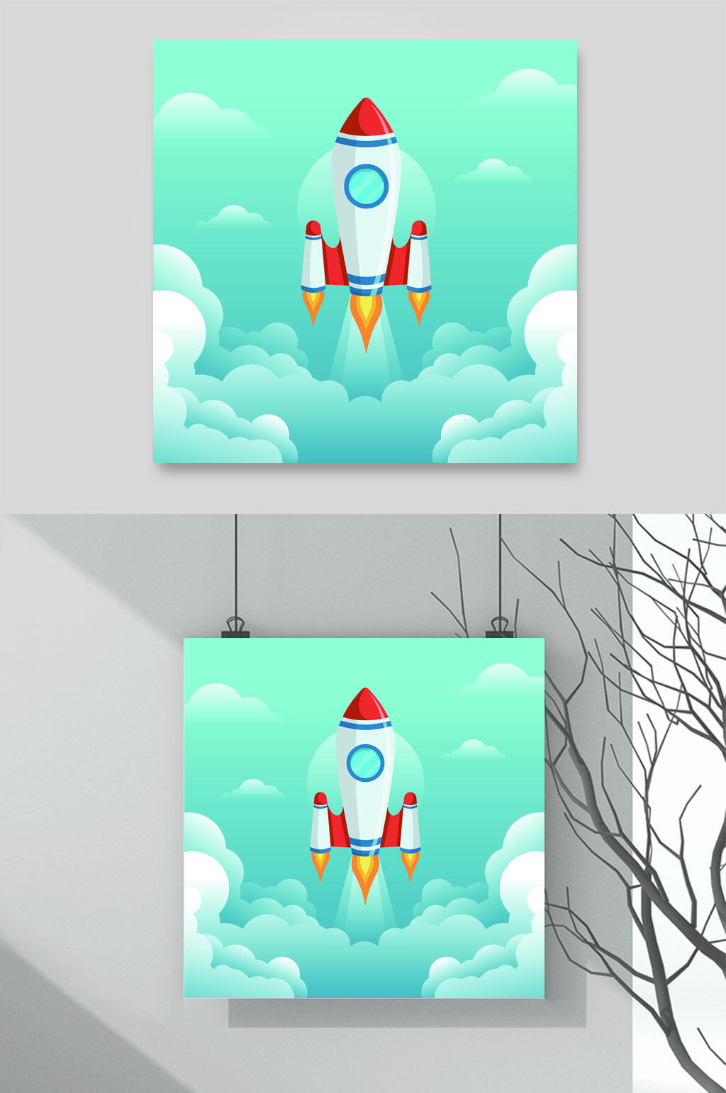 云朵绿色手绘卡通火箭插画矢量素材素材