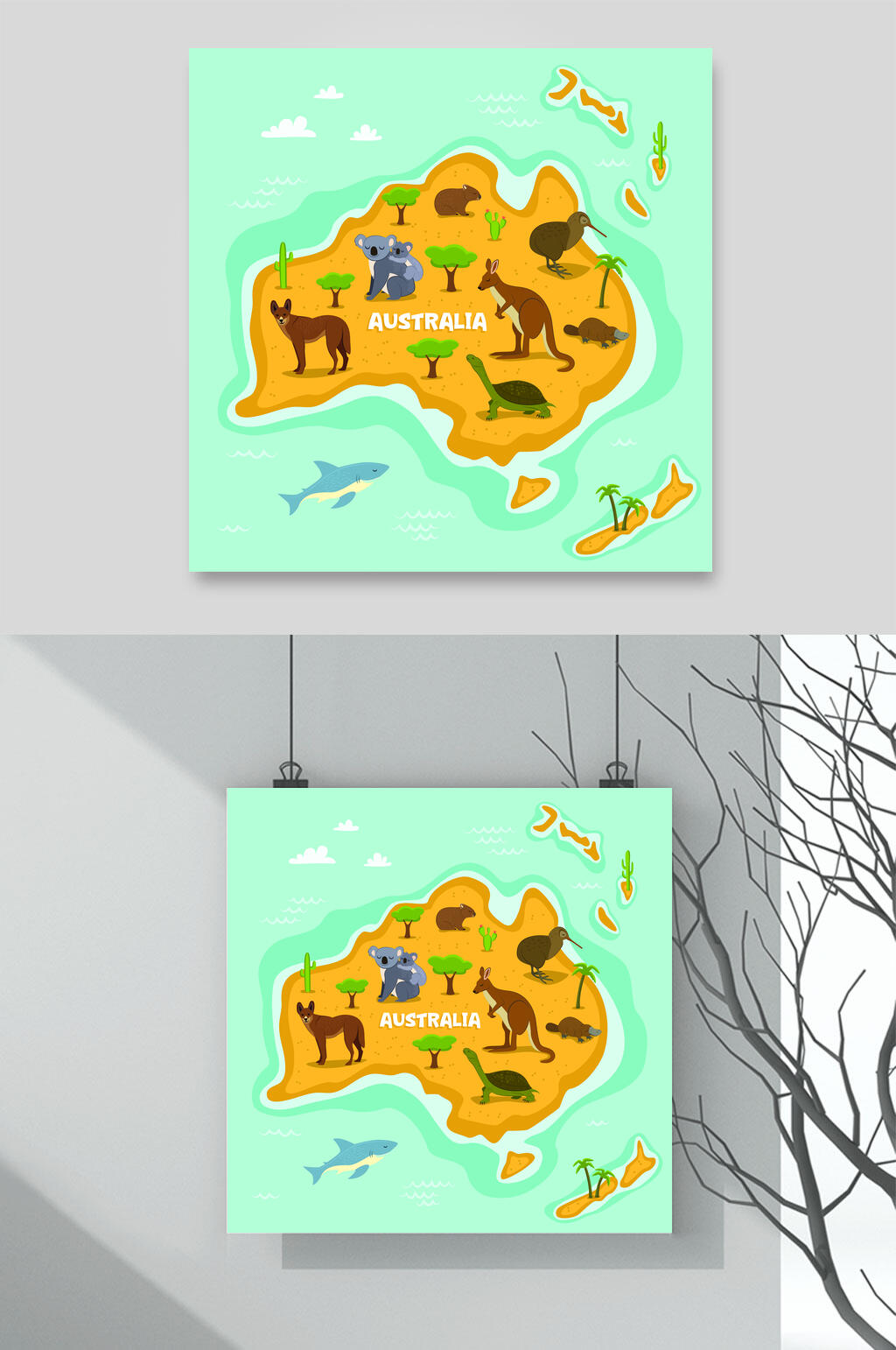 可爱黄绿色动物园地图插画矢量素材素材