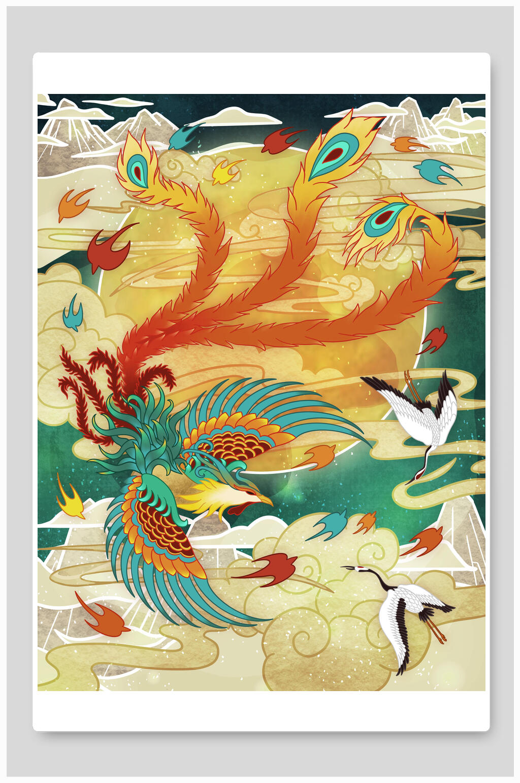仙鹤祥云凤凰国潮风插画素材