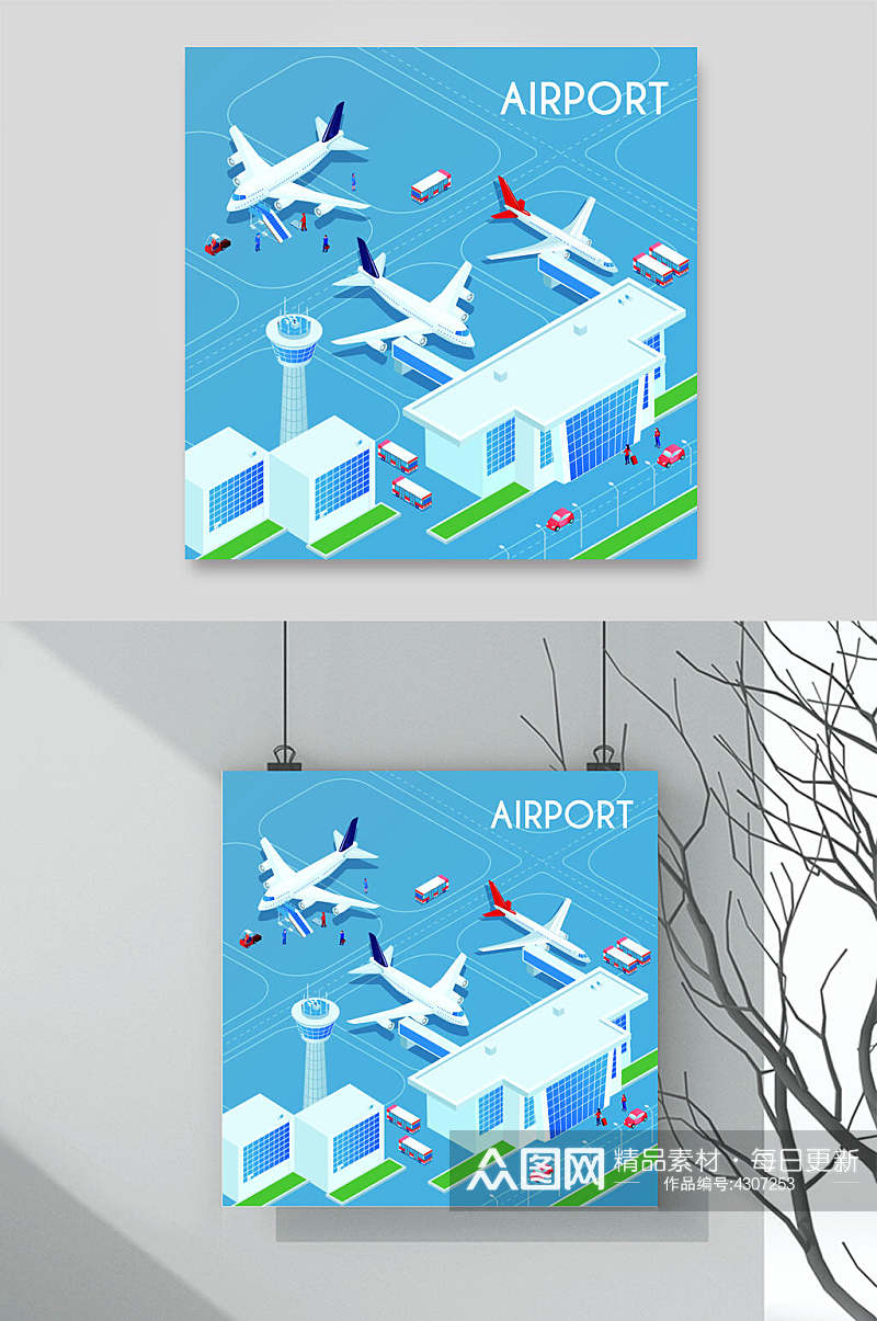 房子蓝色英文客机机场插画矢量素材素材