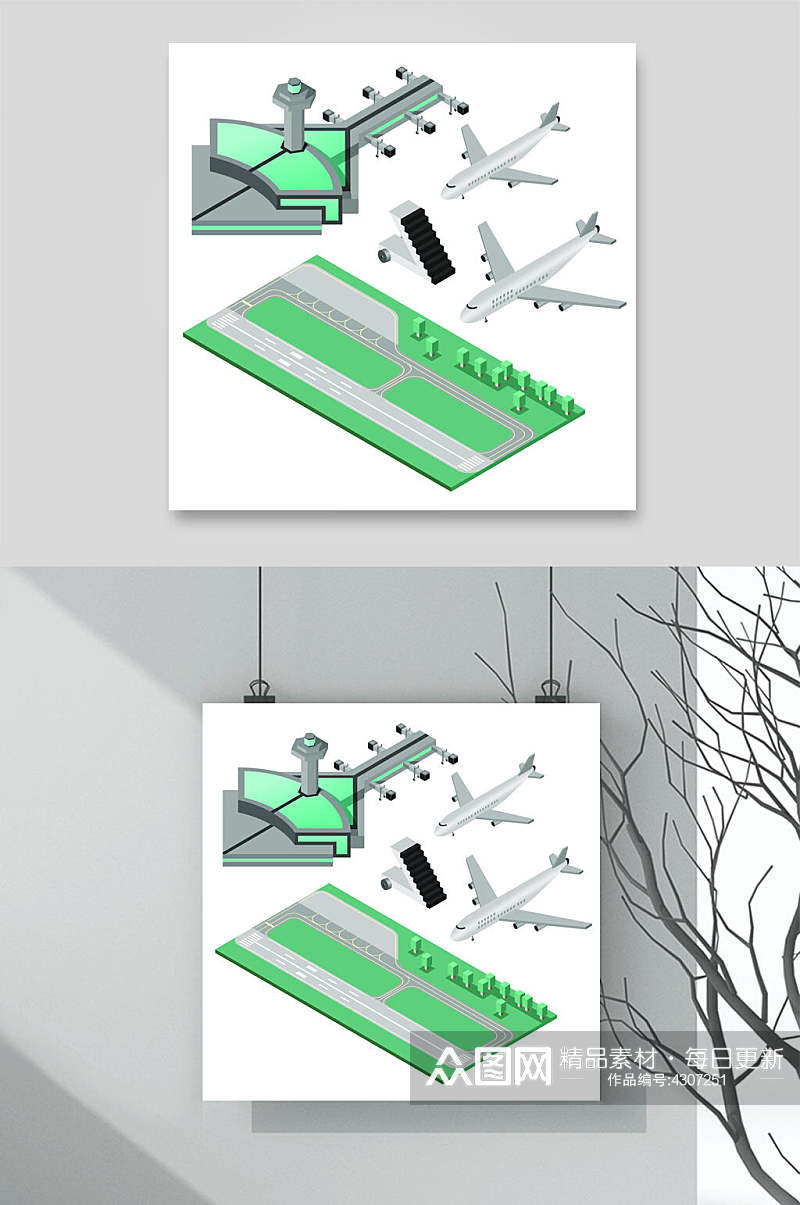 绿色简约手绘客机机场插画矢量素材素材