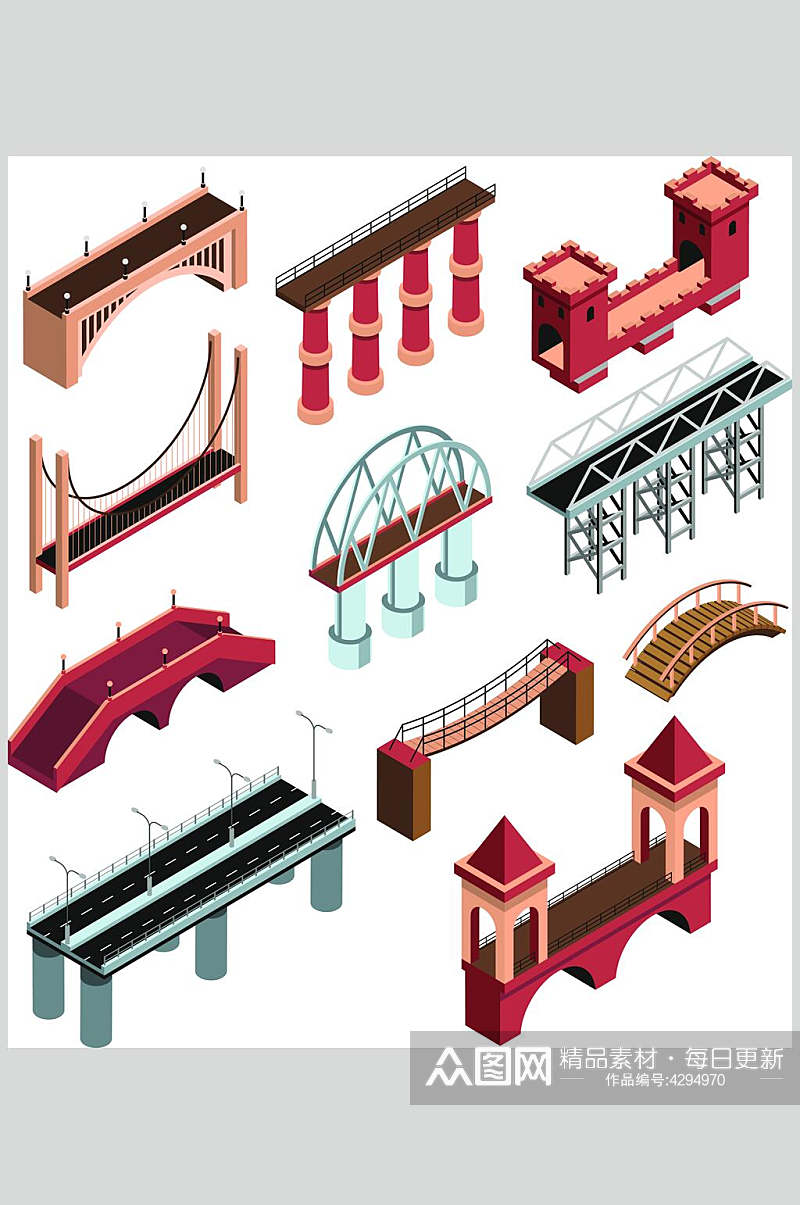 大桥手绘红蓝简约创意高端素材素材