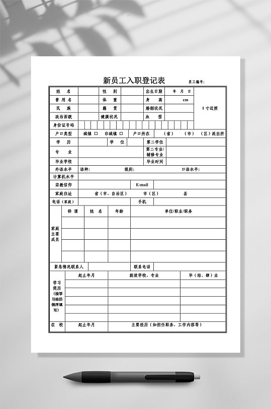 新员工入职登记表个人简历WORD