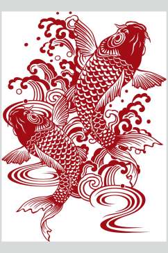 简约海浪红色创意高端锦鲤矢量素材