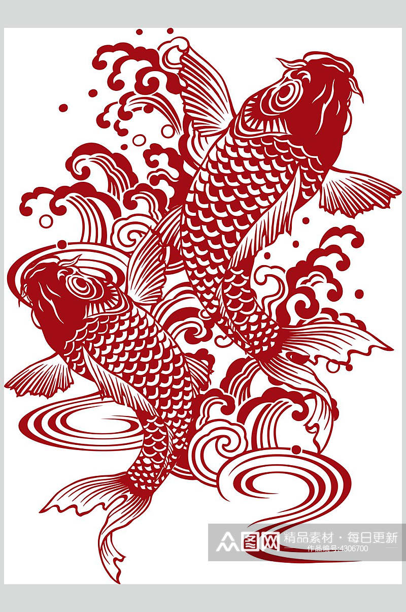 简约海浪红色创意高端锦鲤矢量素材素材