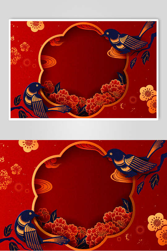 红色剪纸花朵鸟春节新春海报矢量素材